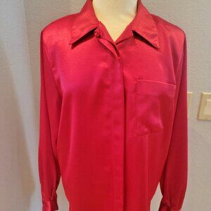 Womens Red Silk Satin Long Sleeve Shirt, Ladies Casual Tops Blouse